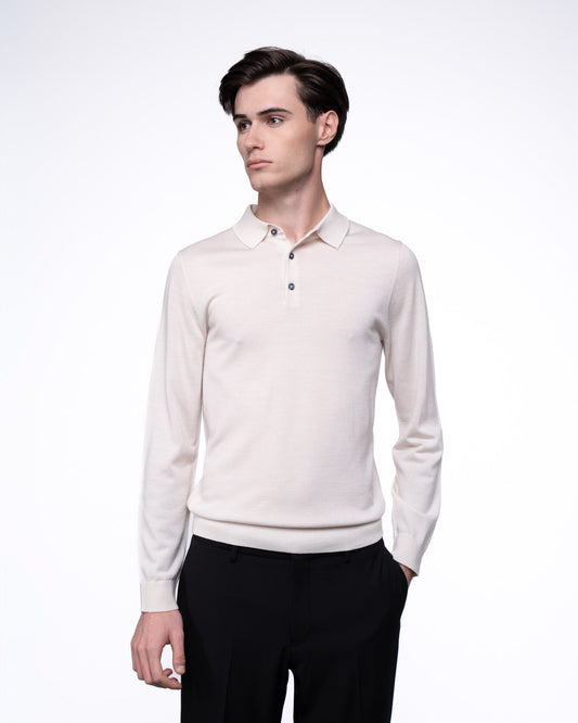 Polo Merino z Długim Rękawem Premium - Beżowy Longsleeve Ecru