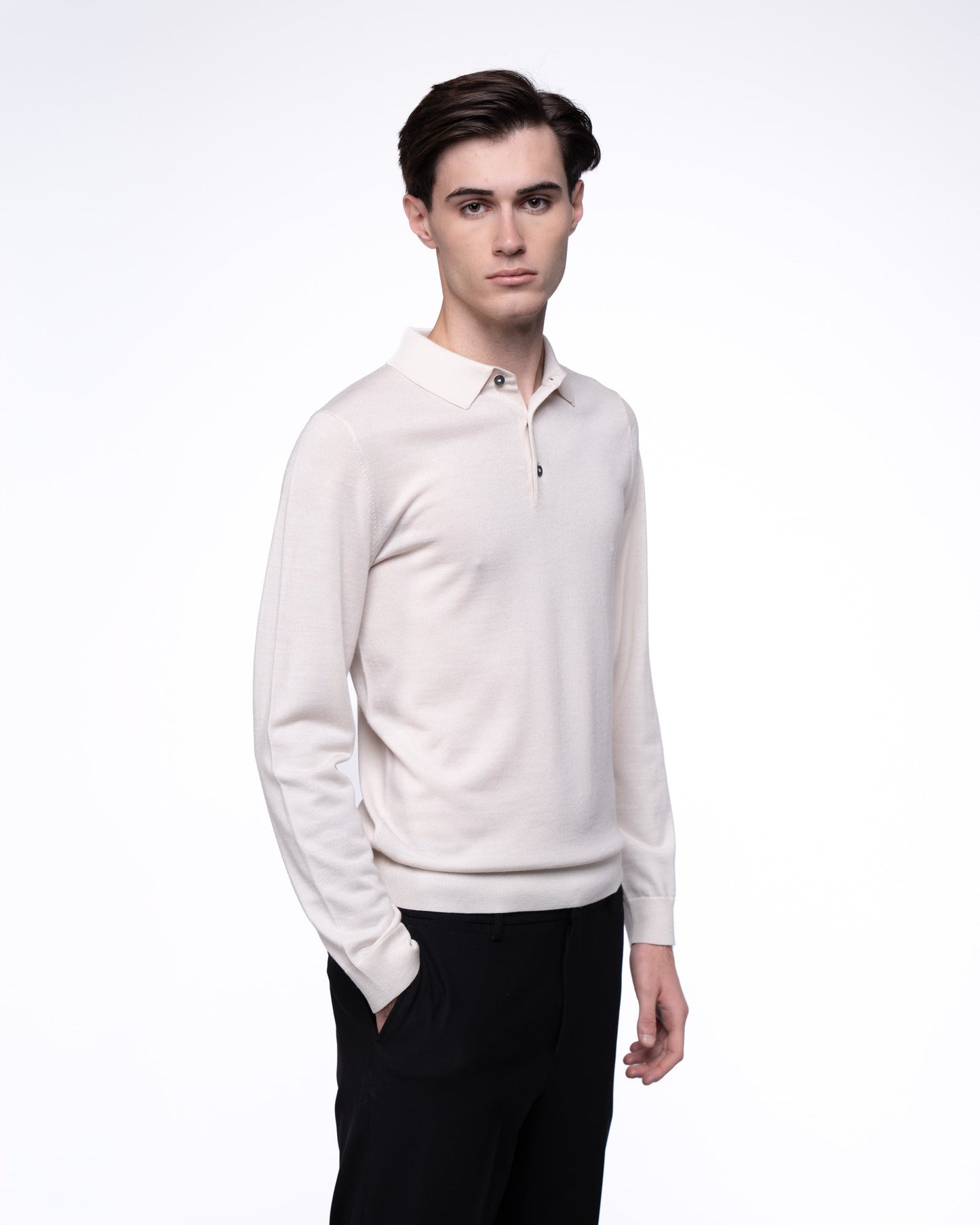 Polo Merino z Długim Rękawem Premium - Beżowy Longsleeve Ecru