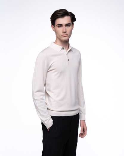 Polo Merino z Długim Rękawem Premium - Beżowy Longsleeve Ecru