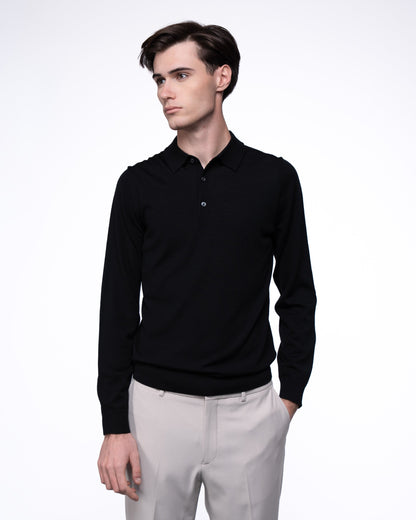 Polo Merino z Długim Rękawem Premium - Czarny Longsleeve Dzianinowy