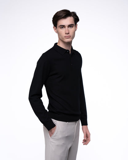 Polo Merino z Długim Rękawem Premium - Czarny Longsleeve Dzianinowy