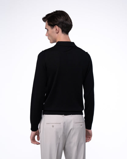 Polo Merino z Długim Rękawem Premium - Czarny Longsleeve Dzianinowy