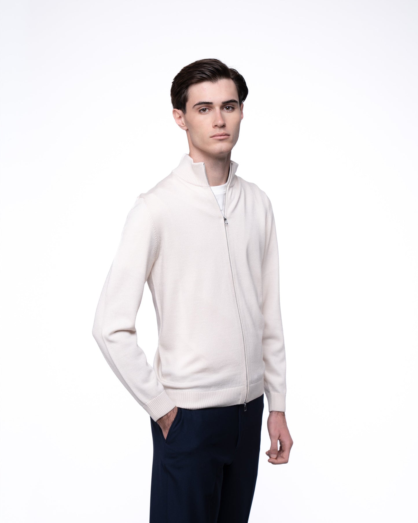 Sweter Rozpinany Merino & Kaszmir - Ecru Splot Warkoczowy