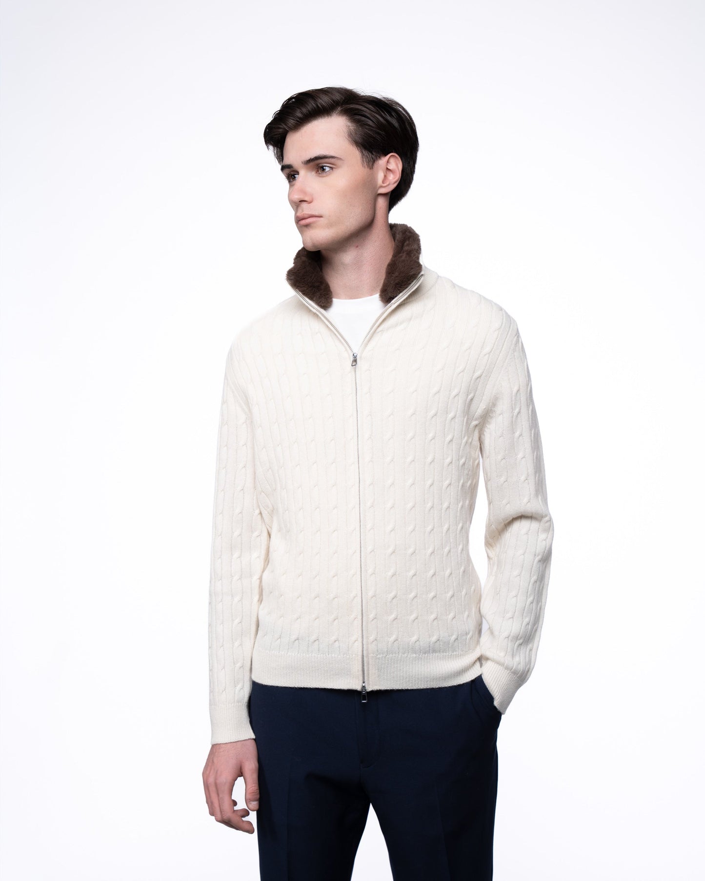 Sweter Merino & Kaszmir Quarter Zip - Beżowy Splot Warkoczowy