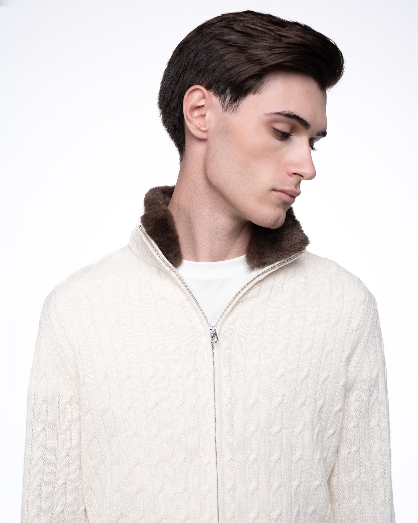 Sweter Merino & Kaszmir Quarter Zip - Beżowy Splot Warkoczowy