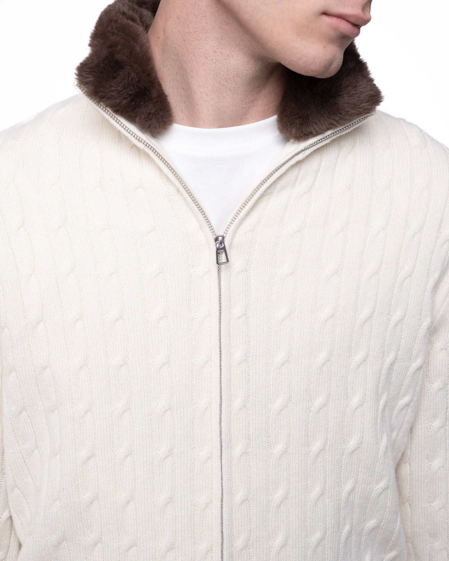 Sweter Merino & Kaszmir Quarter Zip - Beżowy Splot Warkoczowy