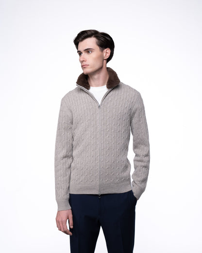 Sweter Merino & Kaszmir Quarter Zip - Taupe Splot Warkoczowy