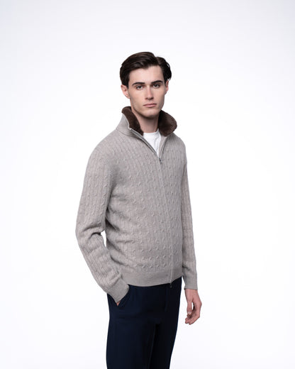 Sweter Merino & Kaszmir Quarter Zip - Taupe Splot Warkoczowy