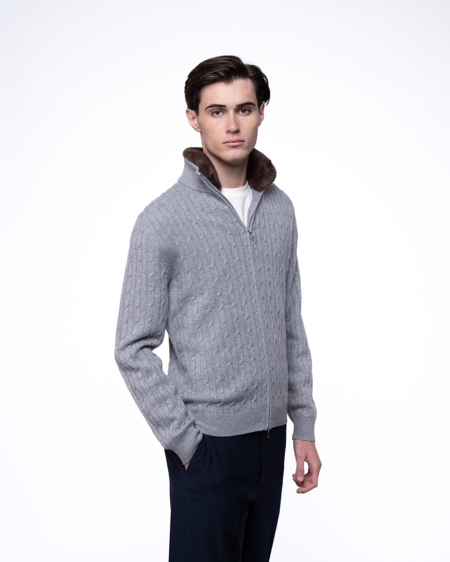 Sweter Merino & Kaszmir Quarter Zip - Ecru Splot Warkoczowy