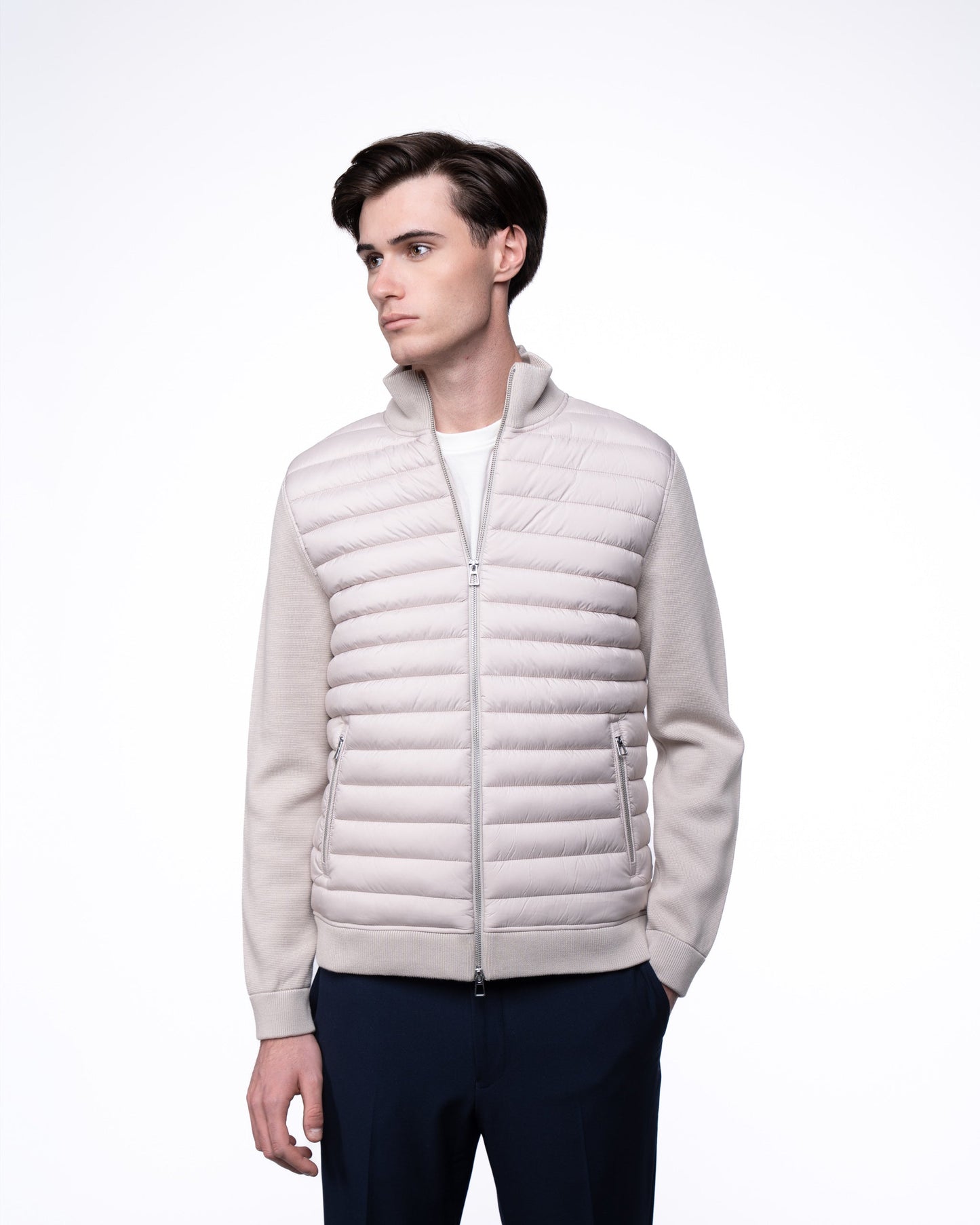 Kurtka Hybrydowa Męska Premium - Beżowy Sweter Rozpinany Pikowany