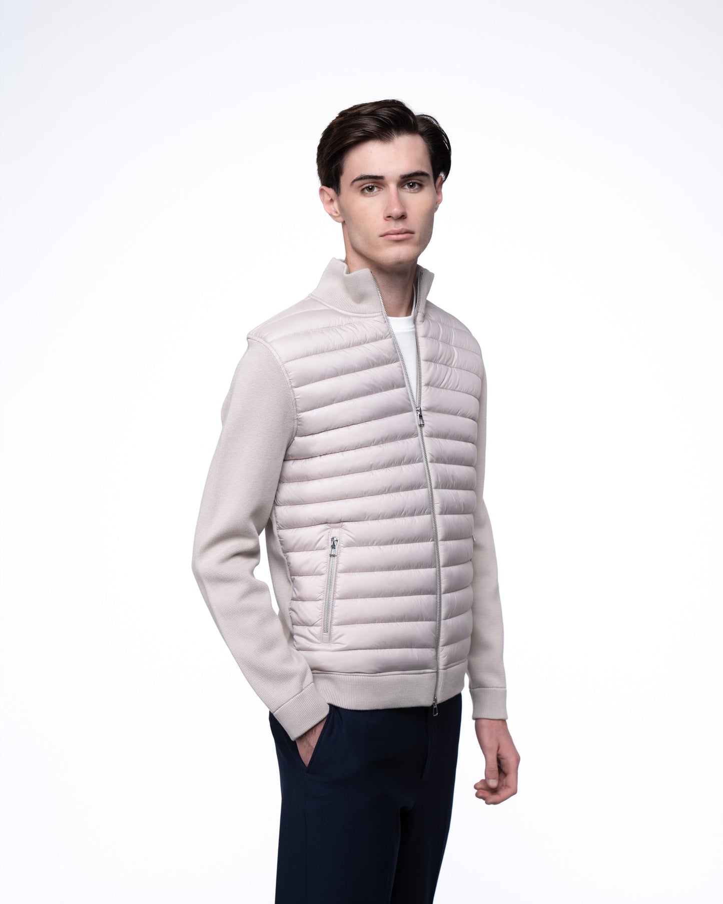 Kurtka Hybrydowa Męska Premium - Beżowy Sweter Rozpinany Pikowany