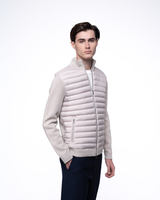 Kurtka Hybrydowa Męska Premium - Beżowy Sweter Rozpinany Pikowany