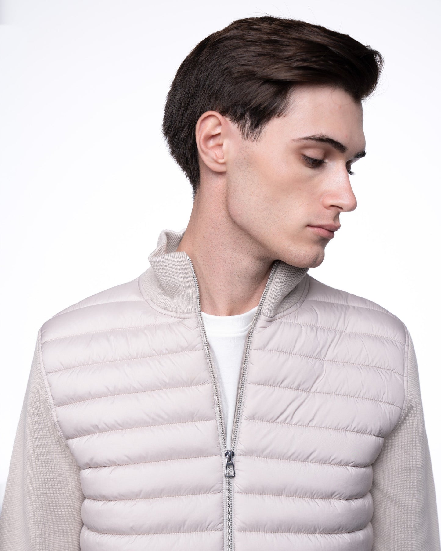 Kurtka Hybrydowa Męska Premium - Beżowy Sweter Rozpinany Pikowany