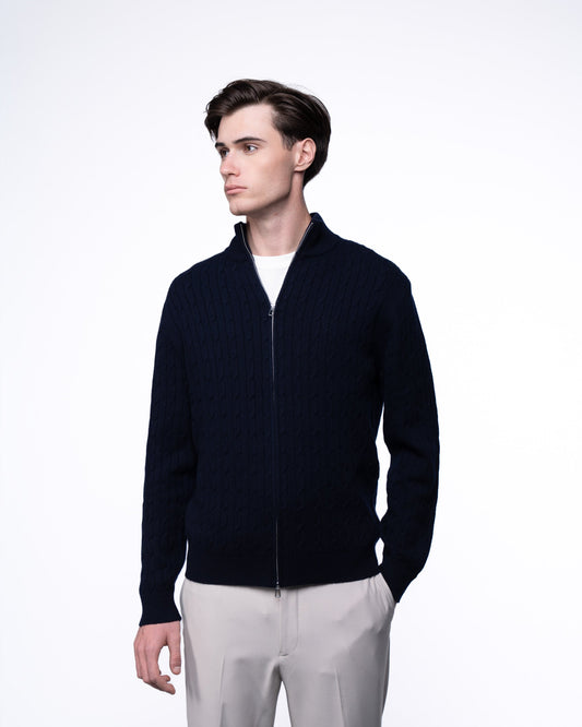 Sweter Merino & Kaszmir Quarter Zip - Granatowy Splot Warkoczowy
