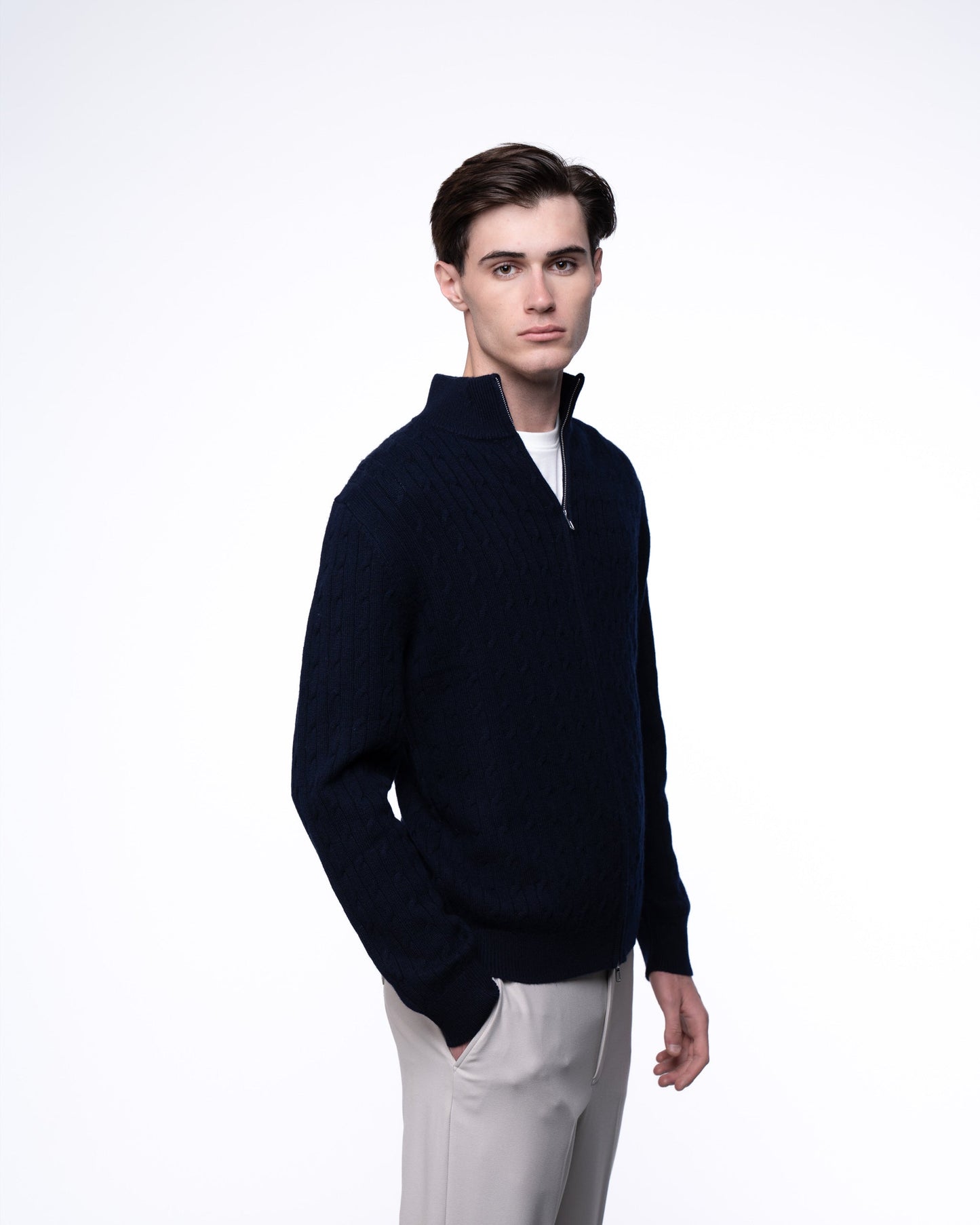 Sweter Merino & Kaszmir Quarter Zip - Granatowy Splot Warkoczowy