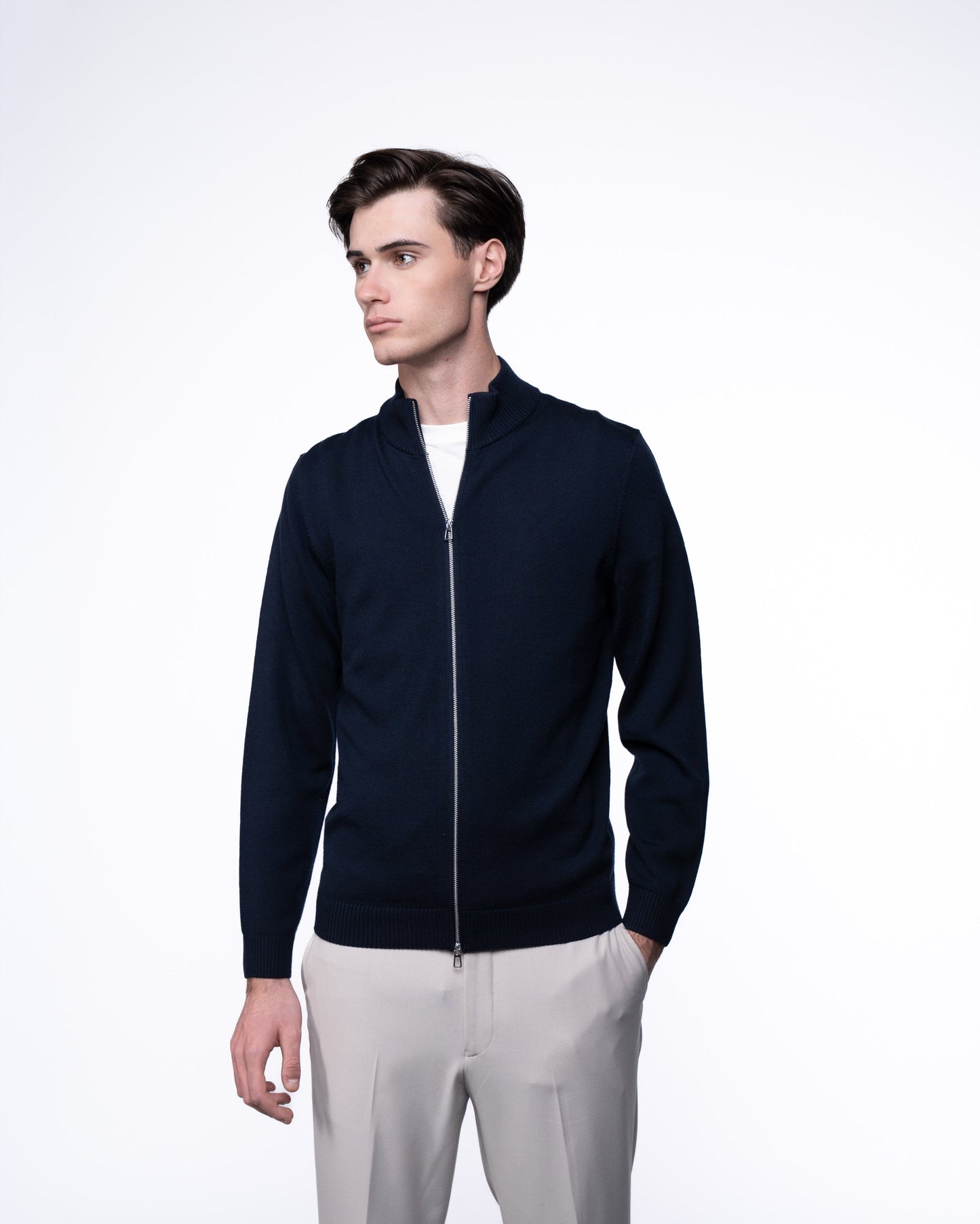 Sweter Merino & Kaszmir Quarter Zip - Granatowy Splot Warkoczowy