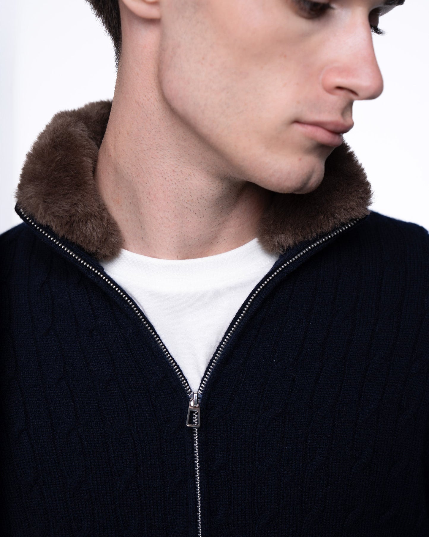 Sweter Rozpinany Merino & Kaszmir - Granatowy Splot Warkoczowy