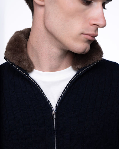 Sweter Rozpinany Merino & Kaszmir - Granatowy Splot Warkoczowy