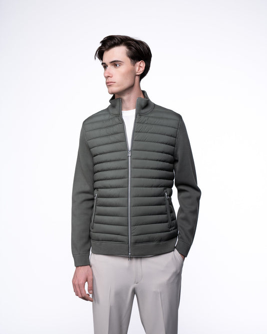 Kurtka Hybrydowa Męska Premium - Oliwkowy Sweter Rozpinany Pikowany