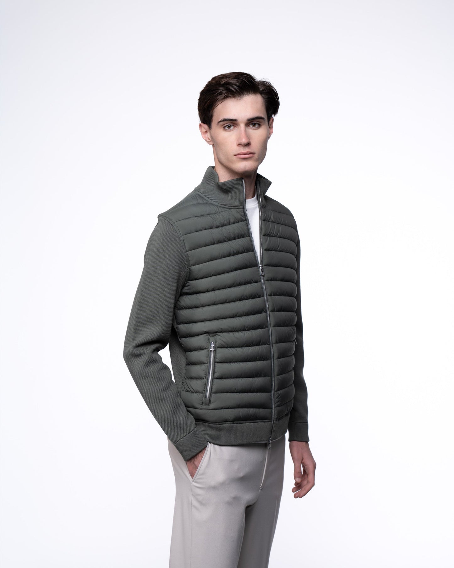 Kurtka Hybrydowa Męska Premium - Oliwkowy Sweter Rozpinany Pikowany