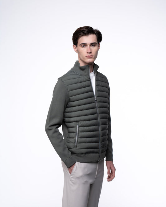 Kurtka Hybrydowa Męska Premium - Oliwkowy Sweter Rozpinany Pikowany