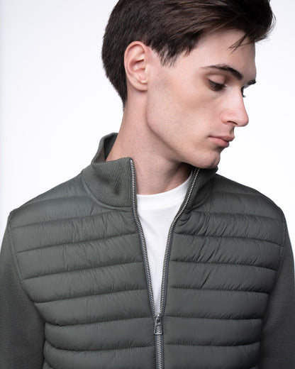 Kurtka Hybrydowa Męska Premium - Oliwkowy Sweter Rozpinany Pikowany