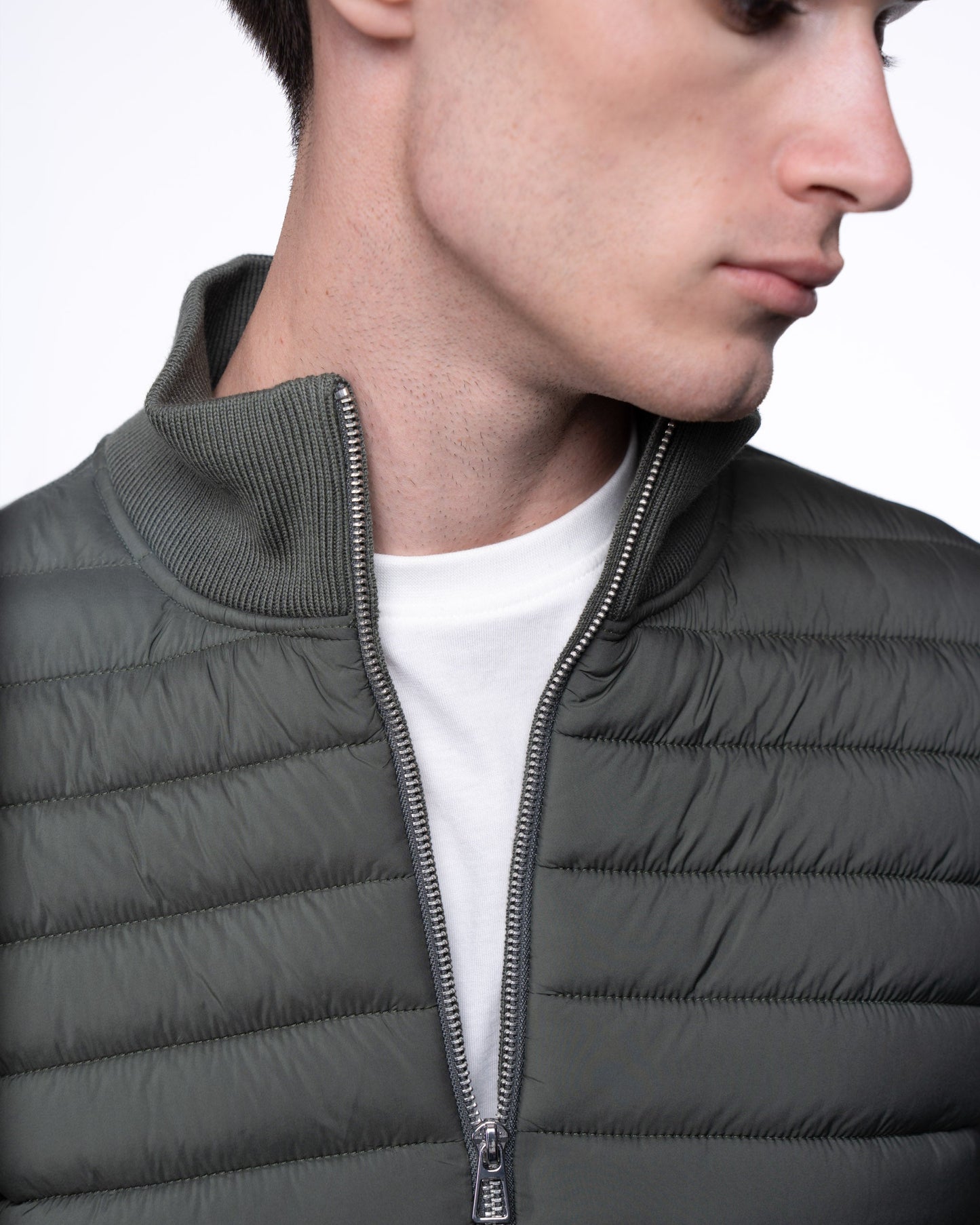 Kurtka Hybrydowa Męska Premium - Oliwkowy Sweter Rozpinany Pikowany