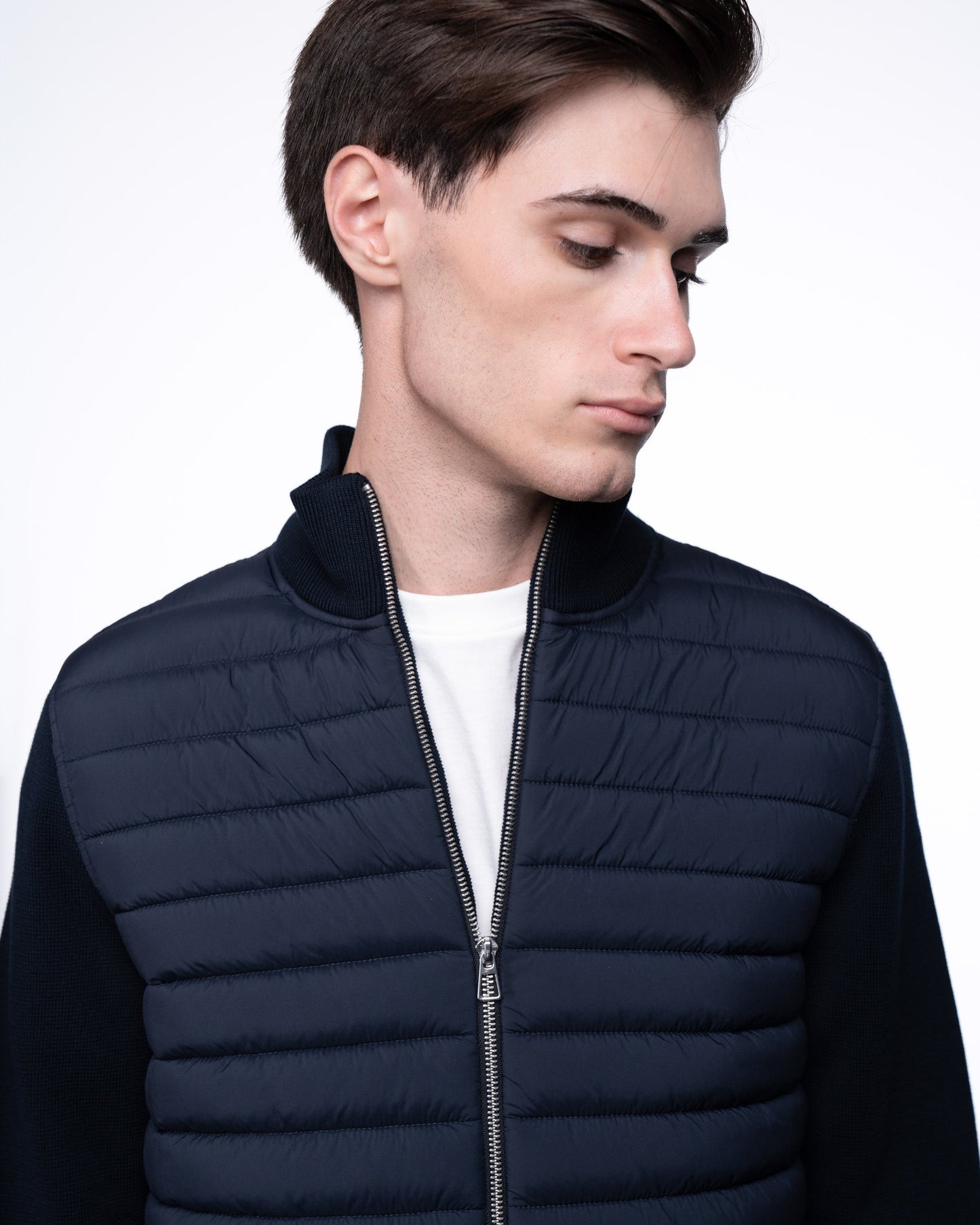 Kurtka Hybrydowa Męska Premium - Granatowy Sweter Rozpinany Pikowany